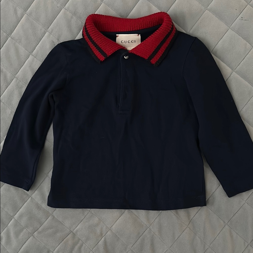 Gucci Kids Navy Shirt with Red Collar